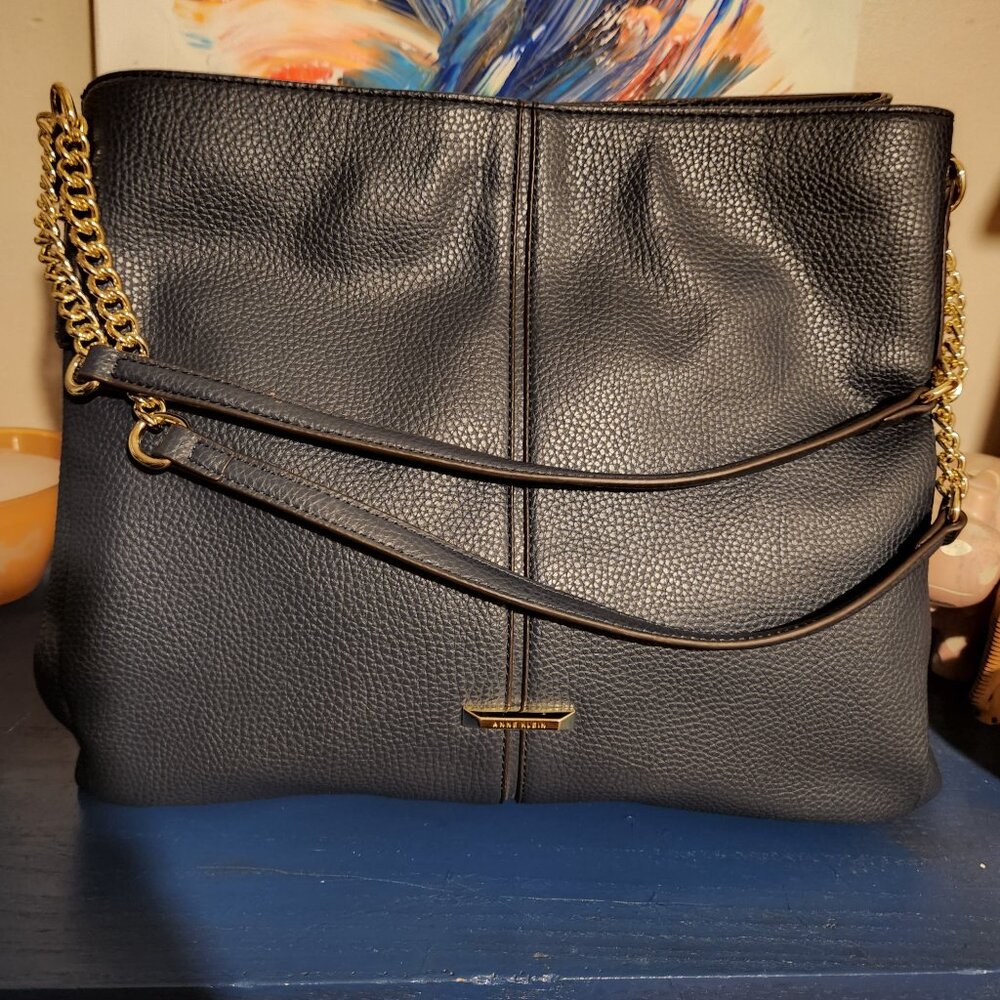 Large size ANNE KLEIN square blue faux leather 3 compartment shoulder tote bag